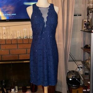 Nightway NW Sequined Lace Cocktail Dress navy blue size 10